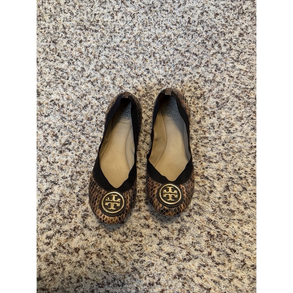Tory Burch Caroline Ballet Flats Womens Size 6 Snake Skin Print Leather Elastic